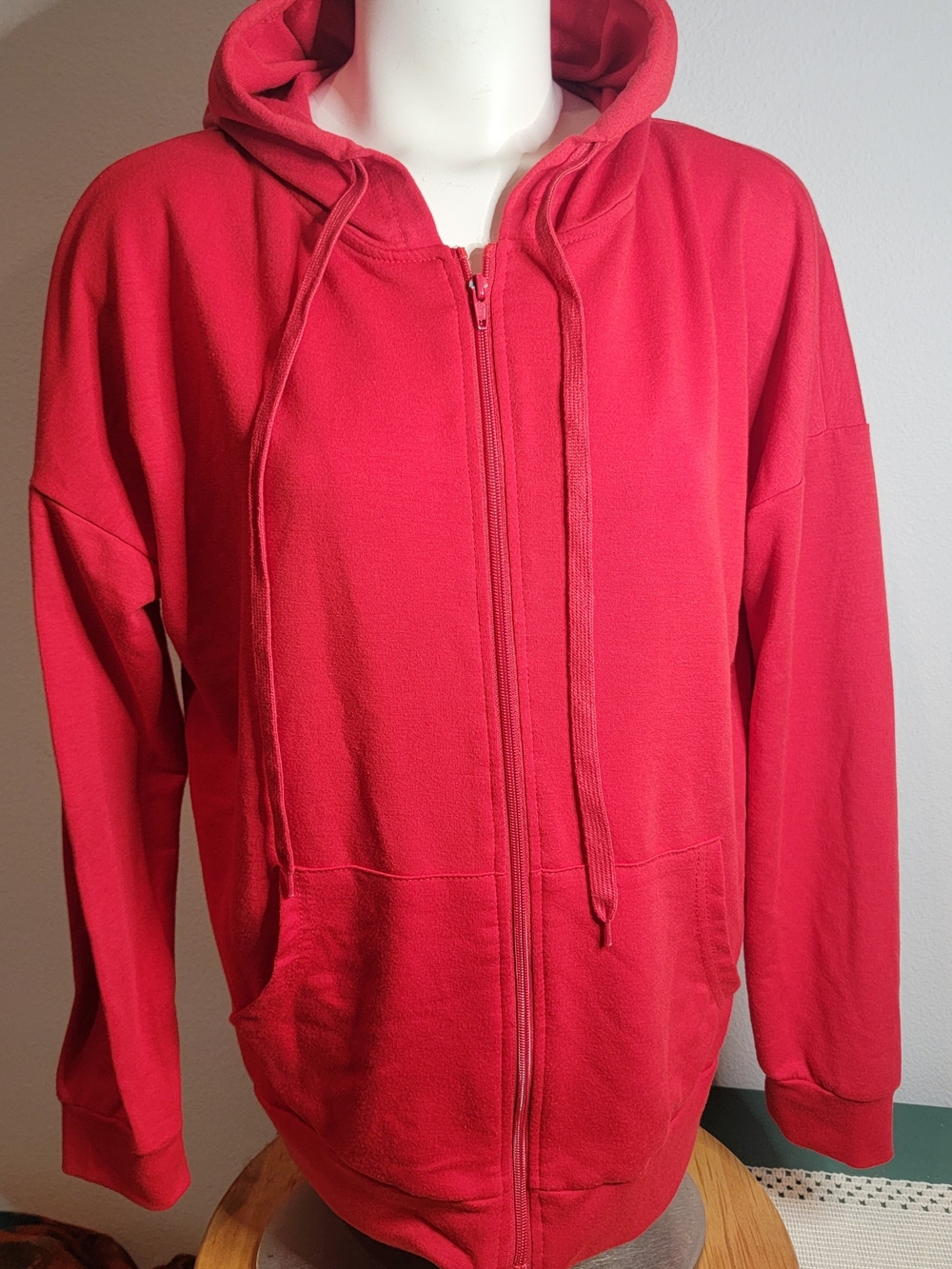 Women's Red Full Zip Hooded Hoodie Sweatshirt Drawstring Polyester S